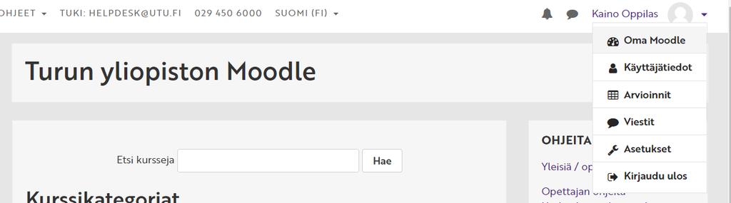 4. OMAN PROFIILIN MUOKKAAMINEN Löydät oman profiilisi Moodlessa sivujen oikeasta yläkulmasta klikkaamalla omaa nimeäsi ja sitten Käyttäjätiedot.(Pääset profiilisi myös mm.