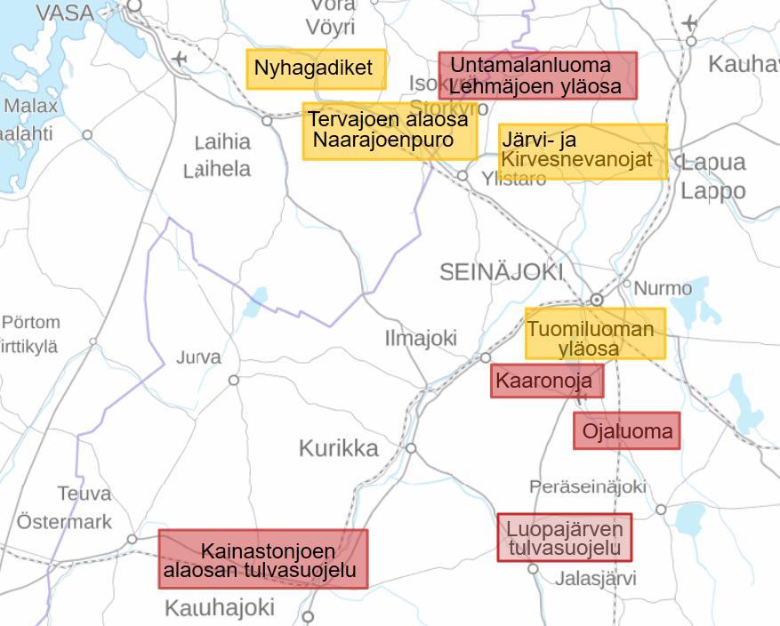 Peruskuivatus- ja tulvasuojeluhankkeet Kyrönjoella, tilanne 2018 Suunnittelussa Toteutuneet / Toteutuksessa 11 Peruskuivatuksen tukeminen Valtion tuen