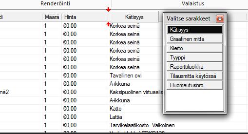 98 Lisätäksesi Kalusteluetteloon sarakkeen valitse ja raahaa haluamasi sarake kalusteluettelon