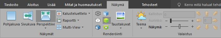 66 Tehosteet Esittely Tehosteet välilehti antaa lisää vaihtoehtoja perspektiivi kuvan jälkikäsittelyyn. Välilehti tulee näkyviin, kun valittuna on Esitys tai Esitysplus renderöinti.