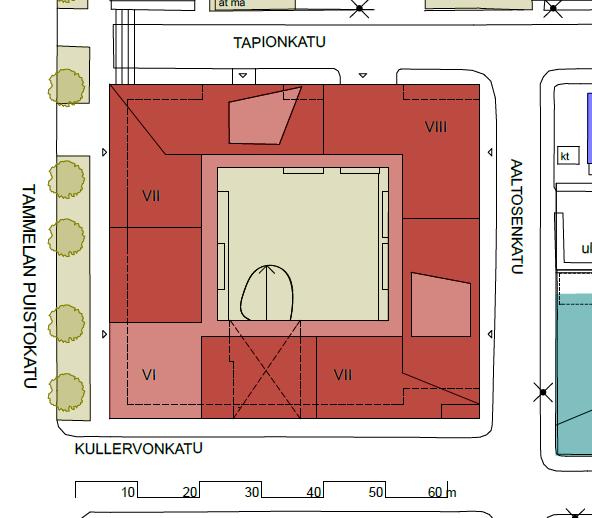 Kuva 5.2 Mahdollinen kattoterassien sijainti. Tammelan puistokadun ja Kullervonkadun kulman kattoterassi on noin 20 metrin korkeudella.