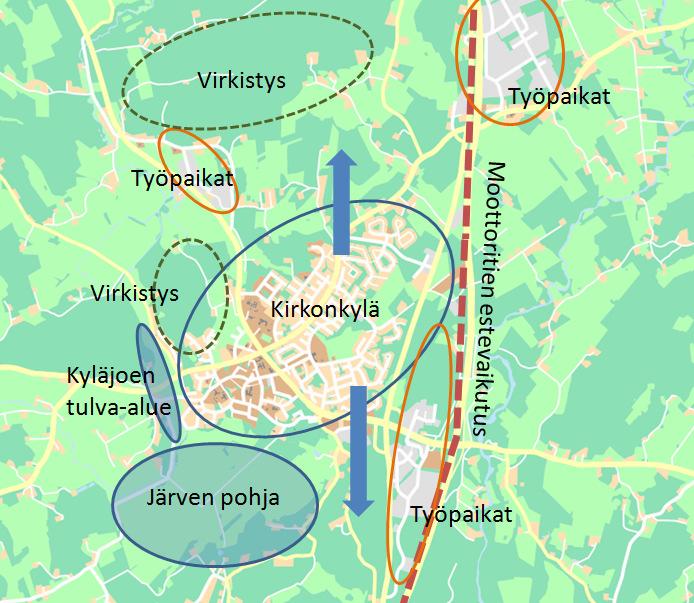 35 Kirkonkylän pohjoispuoliset alueet tulevat olemaan luonteva ja reunaehdot huomioon ottaen mahdollinen laajenemissuunta taajamalle ja asumiselle.