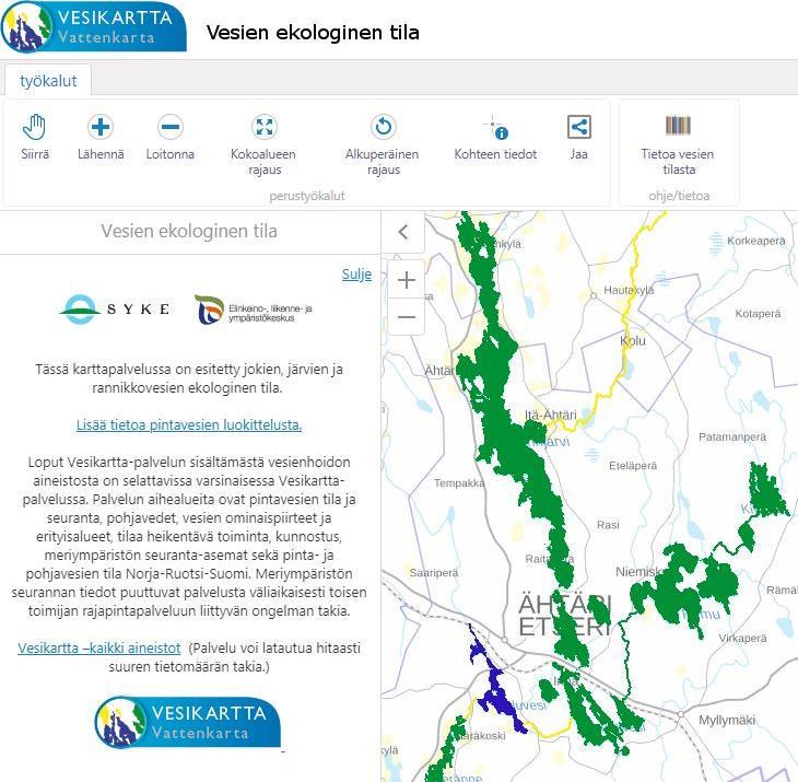 6 ÄHtärinjärven valuma-alueen vesistöjen ekologinen tila Ähtärinjärven, Väliveden, Hankaveden, Moksunjärven, Niemisveden, Kortteisen ja Kivijärven ekologinen tila on hyvä, mutta Kolunjoen ekologinen