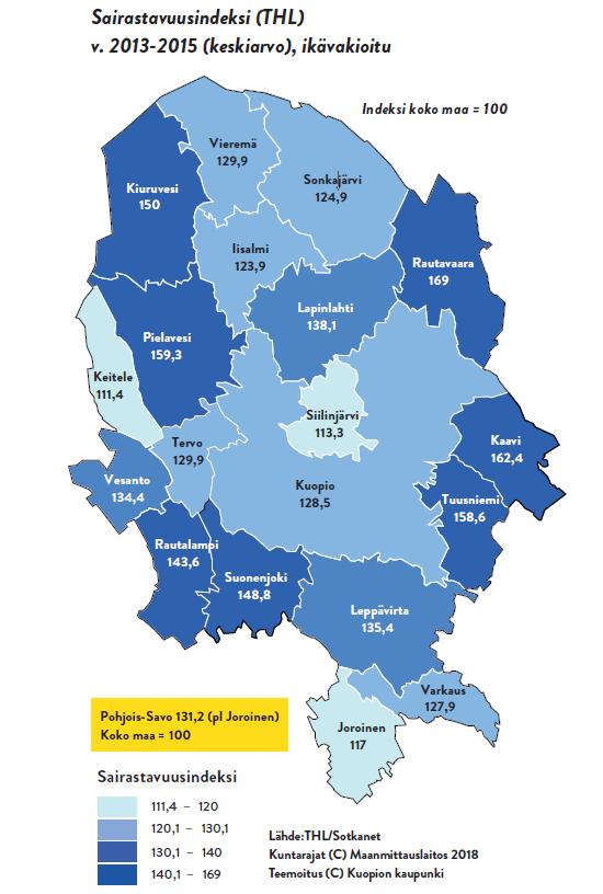 maakunta TYÖKYKY Ikävakioitu työkyvyttömyysindeksi Suomen korkein (137) Työkykynsä heikentyneeksi arvioivien osuus korkea TUTKITTUJEN JA