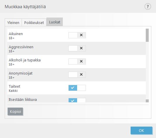 Kun olet poistanut käytönvalvonnan käytöstä, Poista käytönvalvonta käytöstä -ikkuna tulee näkyviin. Ikkunasta voit valita aikavälin, jonka ajaksi tämä suojaus poistetaan käytöstä.