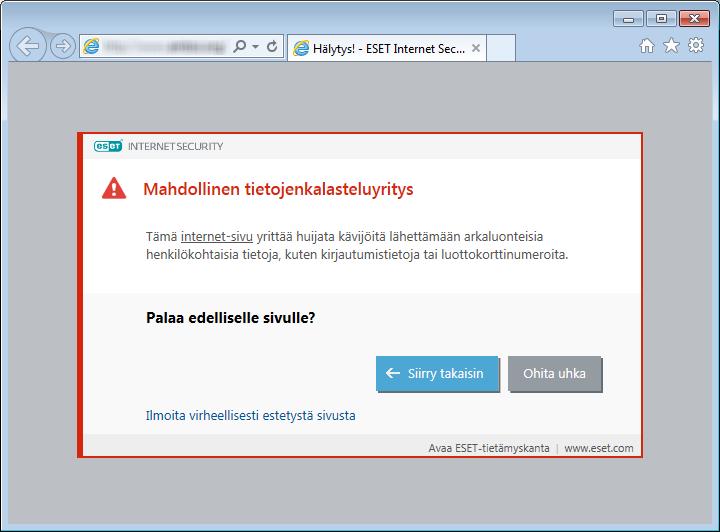 HUOMAUTUS Tietojenkalastelua mahdollisesti yrittävät Web-sivustot, jotka on lisätty sallittujen osoitteiden luetteloon, siirtyvät kiellettyjen osoitteiden luetteloon oletusarvoisesti muutaman tunnin