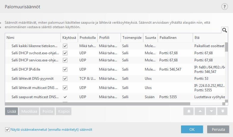 valintaruutu. Protokolla Internet-protokolla, jossa tätä sääntöä voi käyttää. Proﬁili Näyttää palomuurin, jolle tämä sääntö on voimassa. Toimenpide Näyttää yhteyden statuksen (estä/salli/kysy).