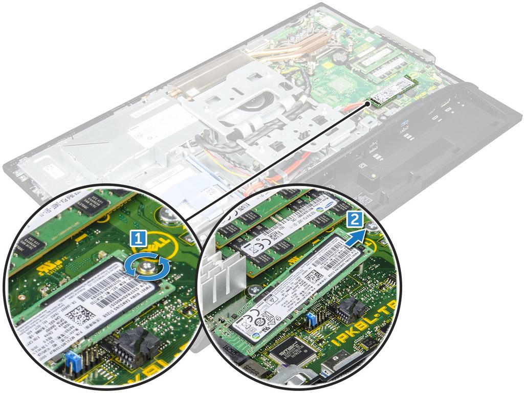 SSD-kortin asentaminen 1 Aseta SSD-kortti liittimeen. 2 Kiinnitä SSD-kortti emolevyyn kiristämällä ruuvi.