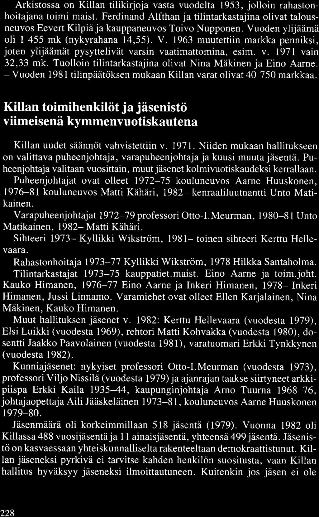 Arkistossa on Killan tilikirjoja vasta vuodelta 1953, jolloin rahastonhoitajana toimi maist. Ferdinand Alfthan ja tilintarkastajina olivat talousneuvos Eevert Kilpiäja kauppaneuvos Toivo Nupponen.