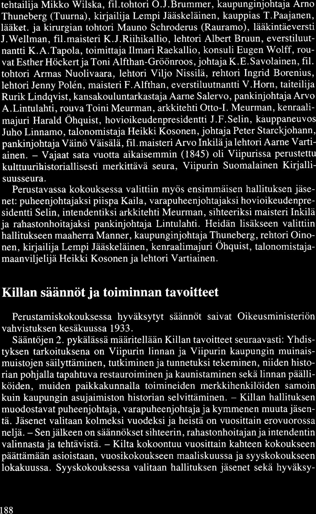 tehtailija Mikko Wilska, fil.tohtori O.J.Brummer, kaupunginjohtaja Arno Thuneberg (Tuurna), kirjailija Lempi Jääskeläinen, kauppias T.Paajanen, lääket.
