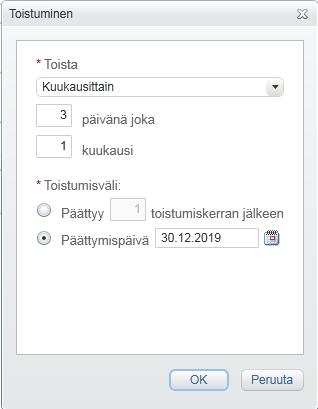 Tarkastaja/hyväksyjä täyttää Toistuminen-painikkeen kautta maksuaikataulun (kuinka usein lasku tulee ja minä