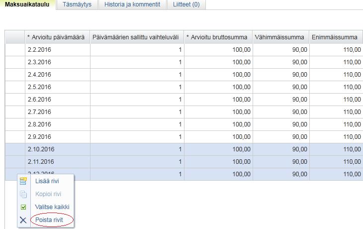 Voit esim. muuttaa suunnitelman laskujen arvioitua loppusummaa (esim.
