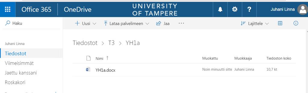 Oikean henkilökortin esillesaamiseksi klikkaa hakutuloksista Juhanin tuni.fiyhteystietoa (kohta 1.) ja sen jälkeen Tiedostot-välilehteä (kohta 2). Vihje 8.