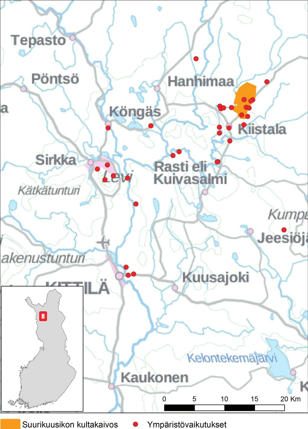 Kartta: Vesa Nivala / Luke. Kuva 1. Havaitut ympäristövaikutukset.