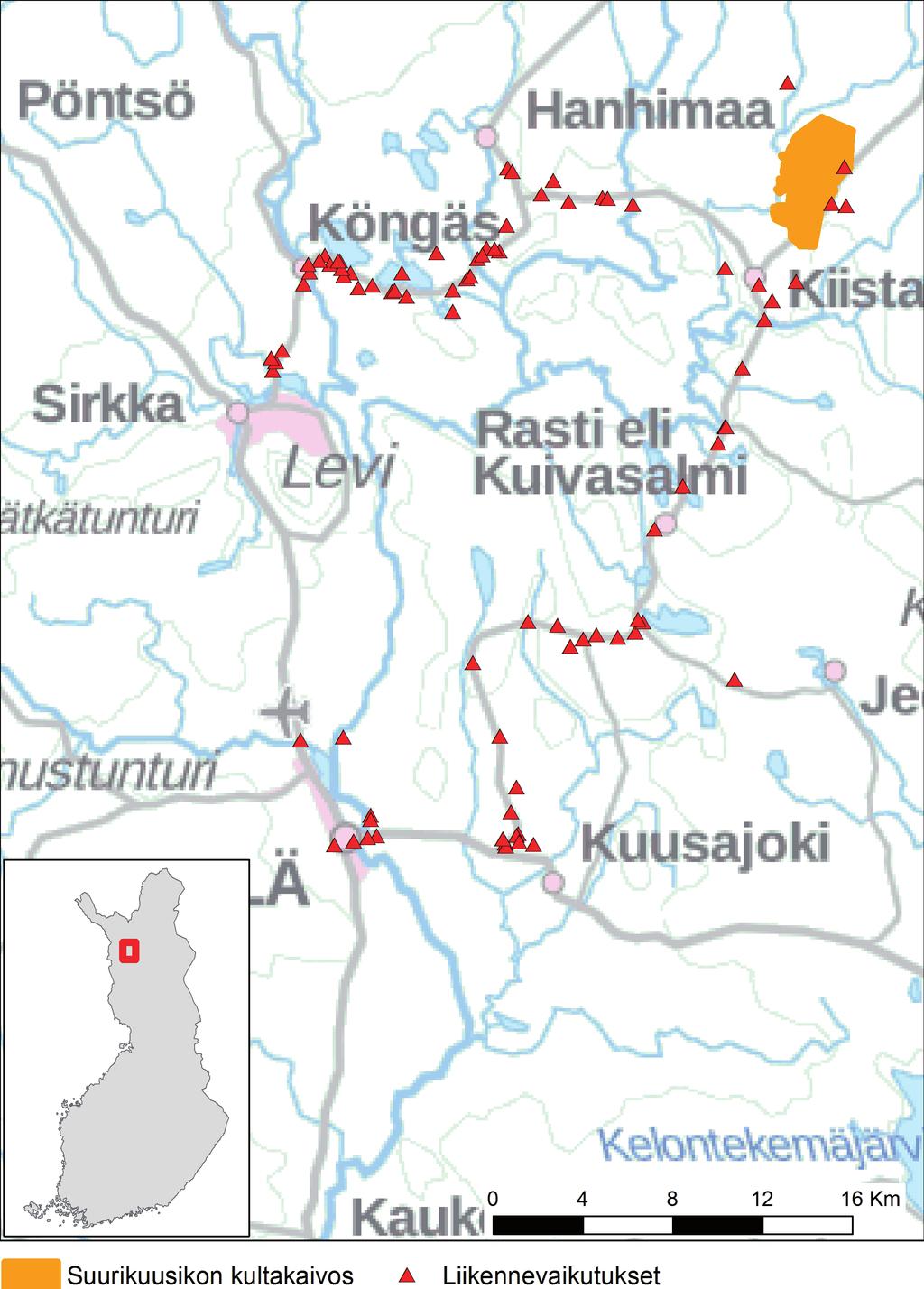 Kartta: Vesa Nivala/Luke. Kuva 2. Kittilän Kultakaivoksen koetut liikennevaikutukset 2018, karttapohjainen kysely kuntalaisille ja vapaa-ajan asukkaille.