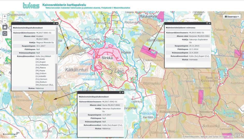 Kuva 12. Malminetsintälupahakemusalueet, malminetsintäalueet ja voimassa olevat kaivospiirit.