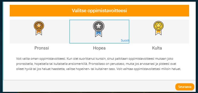 Valitse oppimistasosi Valitse Kultataso, niin näet kaikki tehtävät Hopea- ja Kultalehdellä täytyy olla valittuna sama taso, muuten et näe