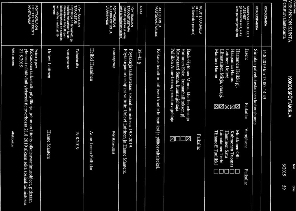 Perusturvalautakunta 6/2019 59 Haapamaa Hannu Kuhmonen Tuomas LI Laitinen Uolevi Hänninen Satu EI KOKOUSAIKA 14.8.2019 klo 13.00 14.
