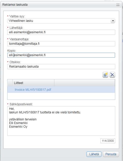 Järjestelmä lähettää reklamaatioviestin toimittajalle ja kopiona reklamaation tekijälle. Reklamoinnista jää merkintä laskun historiaan. Reklamoitu lasku jää Omat tehtävät välilehdelle Reklamoitu. 1.