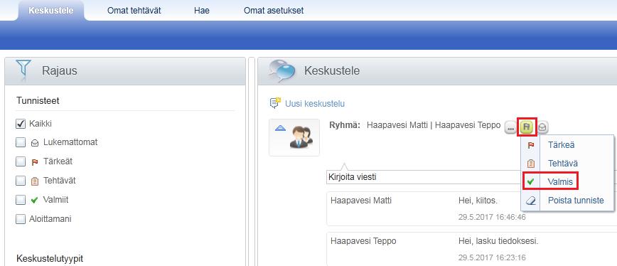 Keskustelut 2) Keskustelun jatkokäsittely Keskustelukumppani saa samantien sähköpostitse tiedon hänelle jätetystä viestistä (P2P ei kuitenkaan lähetä muistutuksia vastaanottajalle, jos vastaanottaja