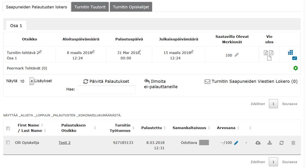 7 1.2 Opettajan näkymä Turnitin-tehtävä 2:ssa 1. Napsauta Turnitin-tehtävää Moodlen työtilassa 2. Opettajan näkymä Turnitin-tehtävä 2:ssa koostuu kolmesta välilehdestä: a.