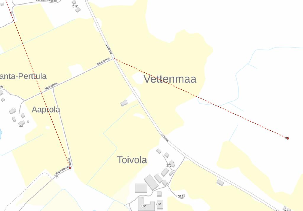 Esimerkkejä yksittäisistä analyysituloksista Etäisyys tiestä yli 200/500 m Viiva yhdistää osoitepisteen lähimpään pisteeseen osoitteenmukaisella tiellä tai tälle johtavalla nimettömällä tiellä.