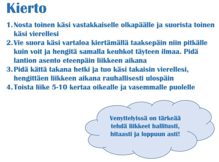 24 Oppaan liikkeiden ohjeistukset mietittiin etukäteen ja liikkeiden sanalliset ohjeistukset testattiin ulkopuolisella henkilöllä.