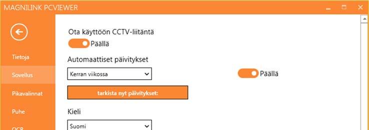 5.4.2 Application Settings (Sovellusasetukset) Ota käyttöön CCTV-valvontakameraliitäntä Jos tämä toiminto on aktivoitu, MagniLink PCViewer tukee ZoomText- ja SuperNova-.suurennusohjelmien käyttöä.