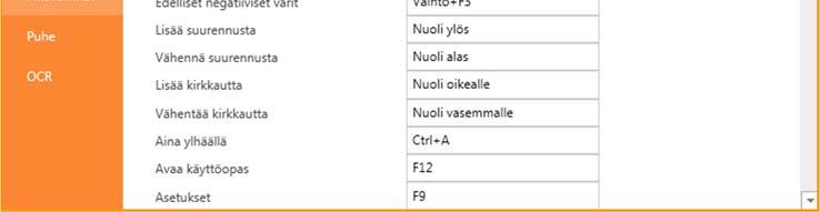 näppäinyhdistelmä. Samalle komennolle voi asettaa kaksi eri näppäinyhdistelmää.