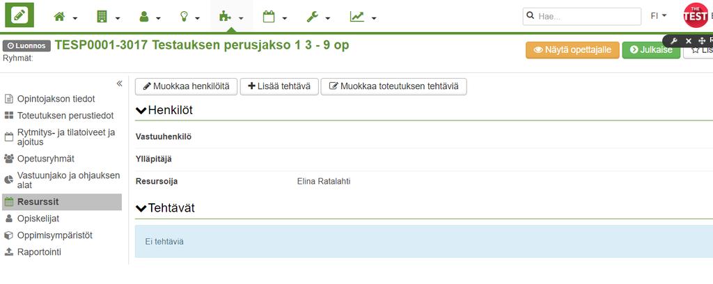 Opintojakson toteutus, Resurssit Lisää toteutukselle