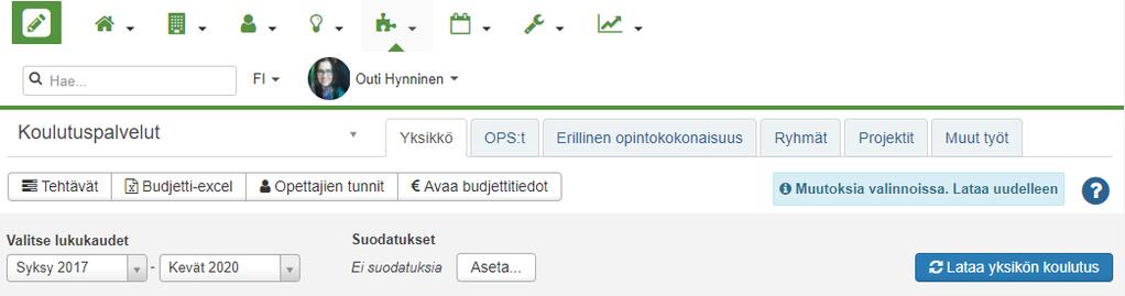 KOVS Vuosisuunnittelu Välilehdellä on mahdollista hakea valitun yksikön opintoja Yksiköittäin Opetussuunnitelmittain Erillisten opintokokonaisuuksien pohjalta Opiskelijaryhmittäin Hakua
