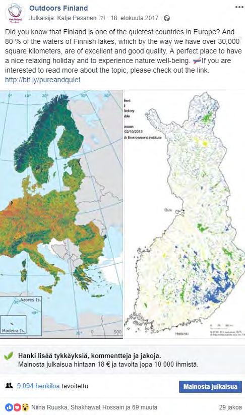 Nämä oli tunnistettu Visit Finlandin kohdemarkkinoilla tärkeiksi teemoiksi, minkä vuoksi niitä käytetään paljon viestinnässä. Myös kesäinen järvimaisema oli nostettu esiin useammassakin julkaisussa.