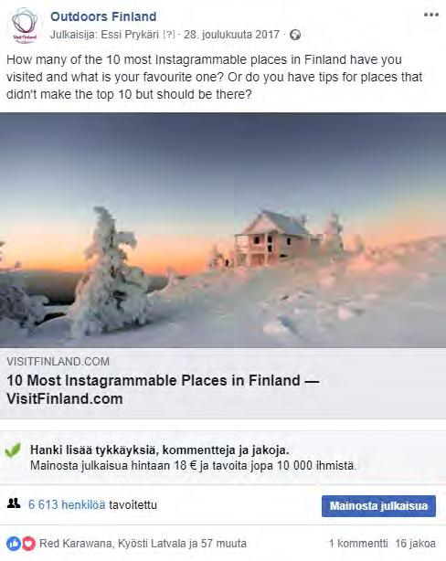 Outdoors Finland Facebook-sivun kokemusten pohjalta parhaiten Suomen luontomatkailusta kiinnostuneiden