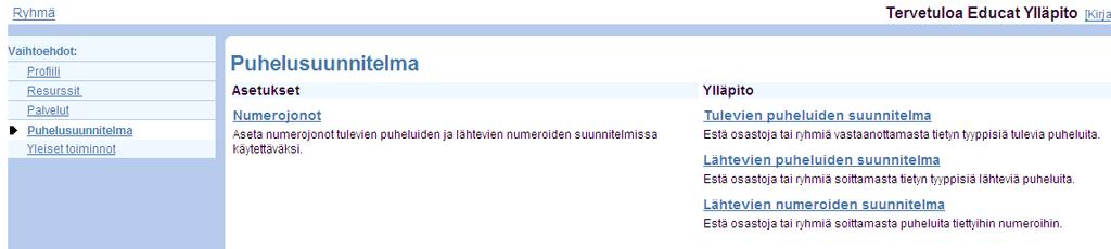 4 Puhelusuunnitelma valikko 4.1 Puhelusuunnitelma Lähtevien puheluiden suunnitelma Täällä voit määritellä ryhmä- ja/tai osastokohtaisesti, minkä tyyppisiä puheluita ryhmä tai osasto voi soittaa. Esim.