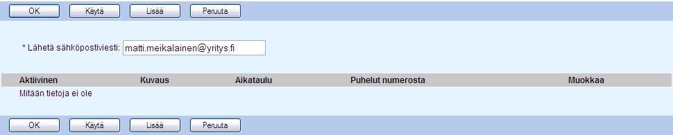 Määrittele ensin sähköpostiosoite johon puheluilmoitukset halutaan vastaanottaa. Paina Käytä. Näet, että sähköpostiosoite on tallennettu.