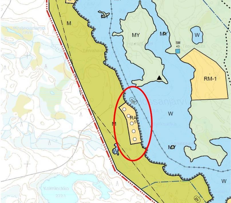 10 Yllä Hossanjärven Honkiselän länsirannalle suunniteltujen rakennuspaikkojen sijainti.