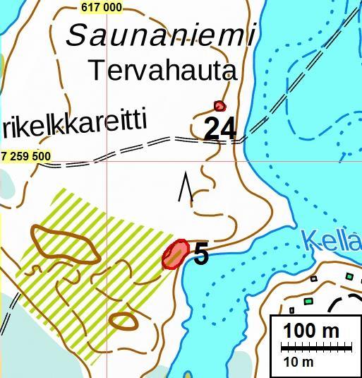15 Kiinteät muinaisjäännökset 24 SUOMUSSALMI SAUNANIEMI E Mjtunnus: Status: Ajoitus: Laji: uusi kohde kiinteä muinaisjäännös (SM) historiallinen tervahauta Koordin: N: 7259 576 E: 617 159 Tutkijat: