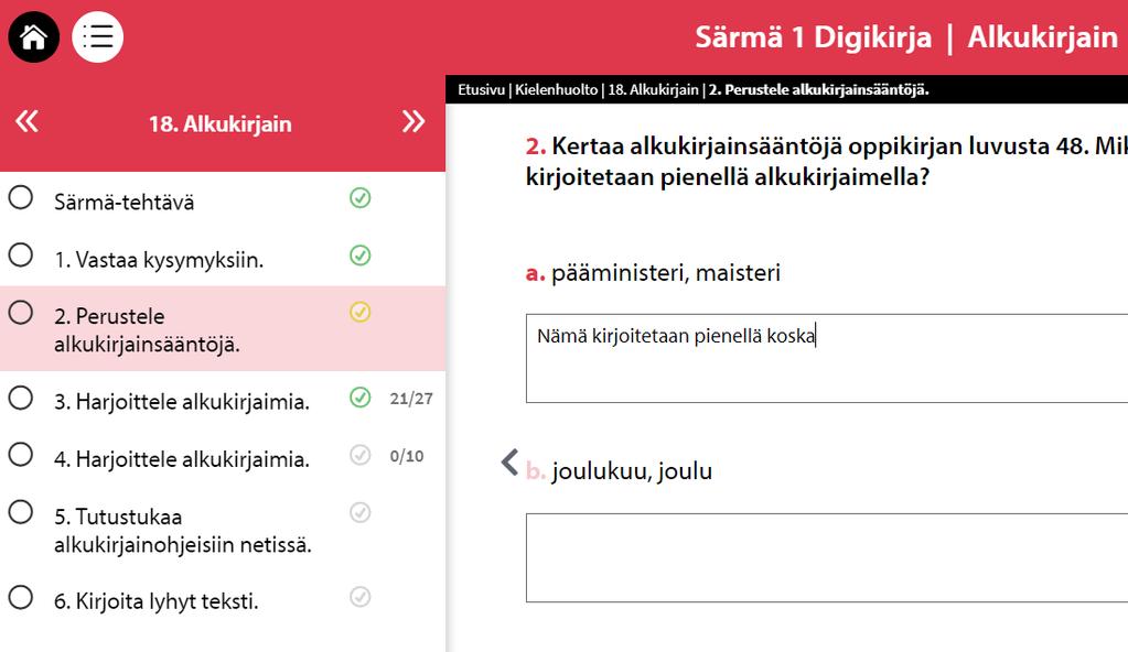 Kun tuotteen etusivulta siirtyy luvun tehtäviin, avautuu vasempaan laitaan luvun tehtävien sisällysluettelo.