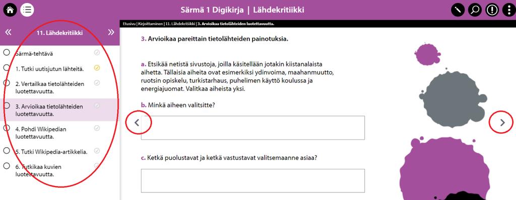 Tehtävästä toiseen voi siirtyä joko vasemman laidan sisällysluettelon avulla tai tehtävän laidoilla olevien nuolten avulla.