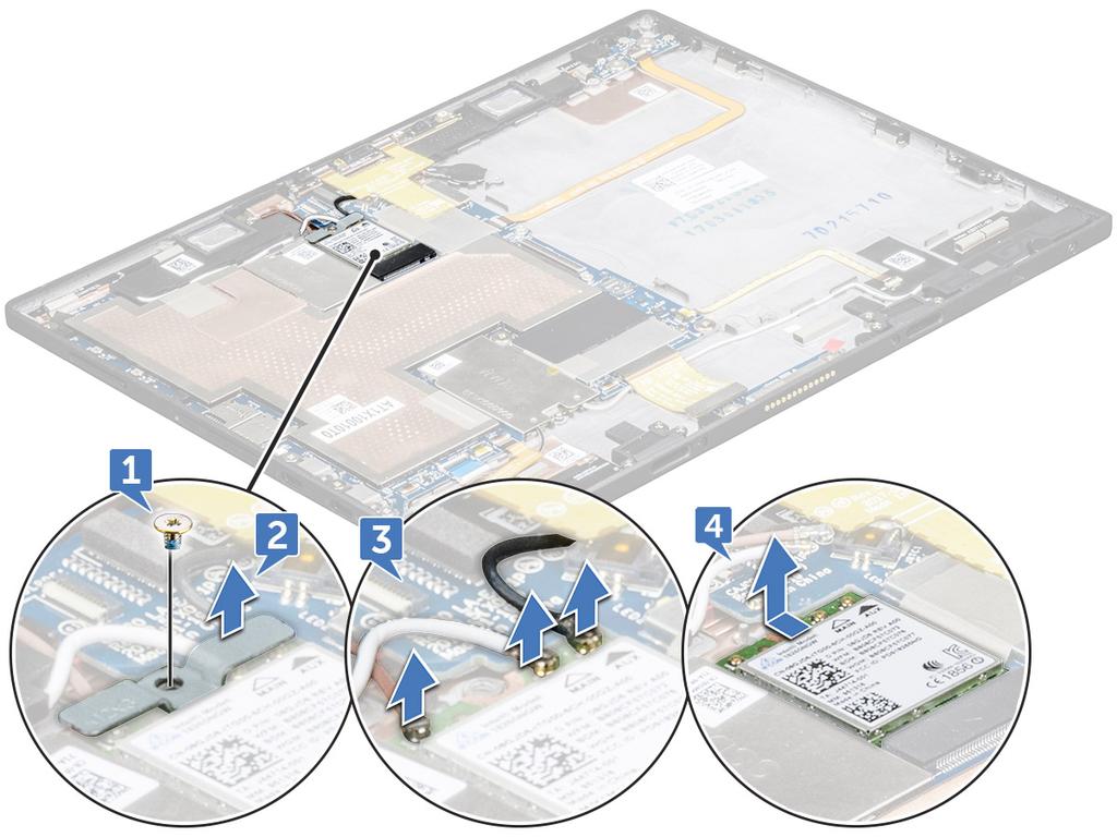 3 WLAN-kortin irrottaminen: a Irrota WLAN-pidikkeen kiinnittävä M2x2.0 -ruuvi [1]. b Nosta WLAN-kiinnike emolevystä [2]. c Irrota antennikaapelit WLAN-kortista [3].