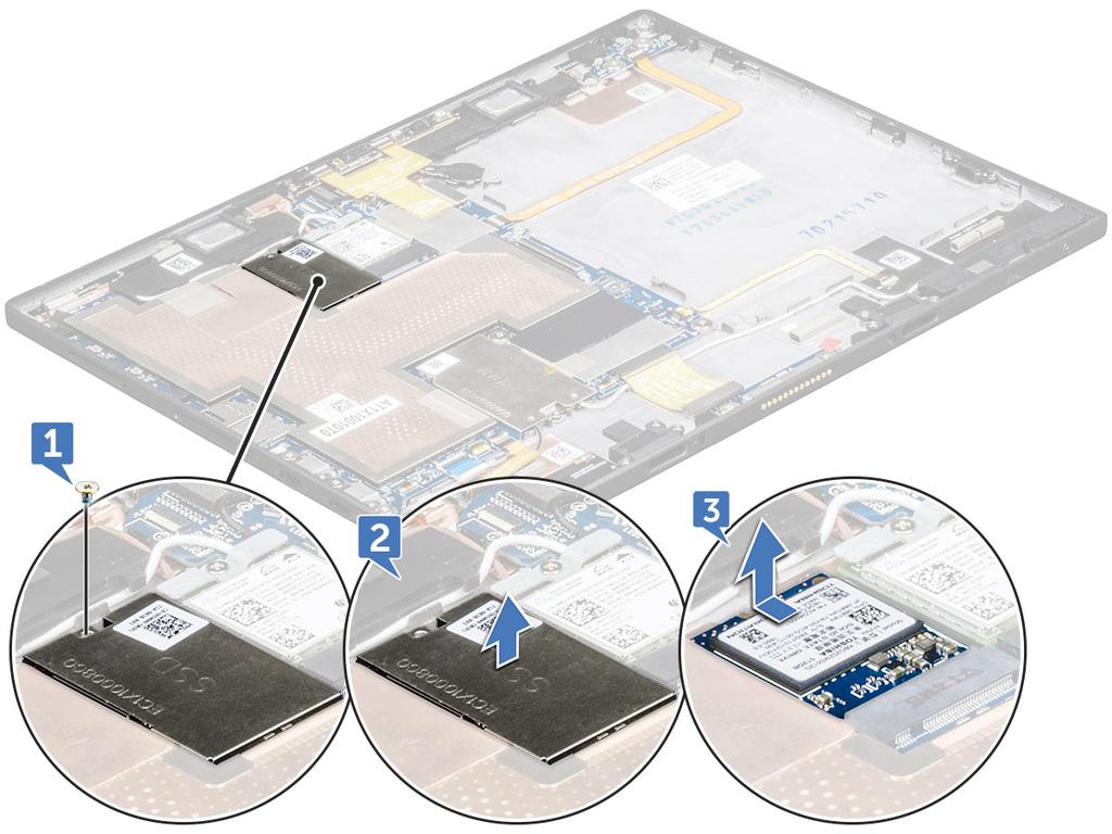 a b c microsim-kortti ja microsd-kortti näyttöpaneeli Akku 3 SSD-moduulin irrottaminen: a Irrota SSD-suojuksen kiinnittävä M2x2.0 -ruuvi [1]. b Nosta SSD-suojus irti tabletista [2].