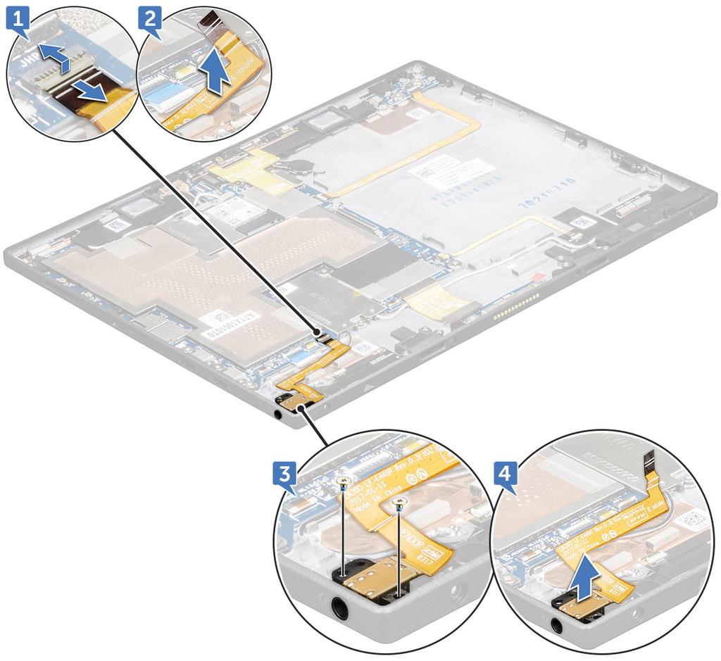 4 Kiinnitä WWAN-kiinnike M2x2.0-ruuvilla. 5 Asenna seuraavat: a Akku b näyttöpaneeli c microsim-kortti ja microsd-kortti 6 Noudata Taulutietokoneen sisällä työskentelyn jälkeen -kohdan ohjeita.