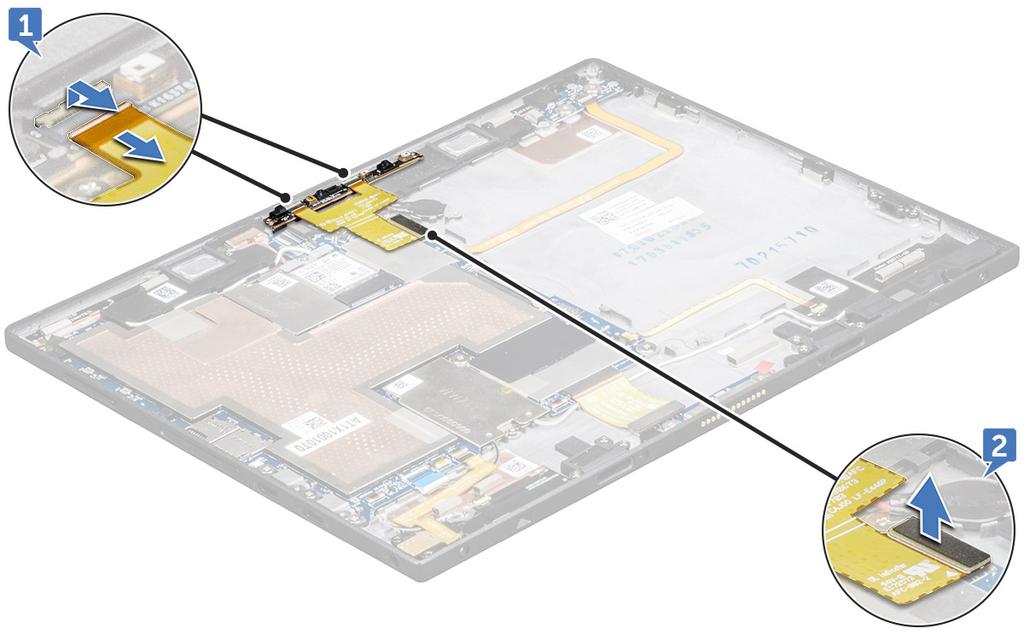a b c microsim-kortti ja microsd-kortti näyttöpaneeli Akku 3 Etukameran kaapelin irrottaminen: a Nosta salpaa ja irrota etukameran kaapeli [1]. b Vapauta etukameran kaapeli emolevystä [2].