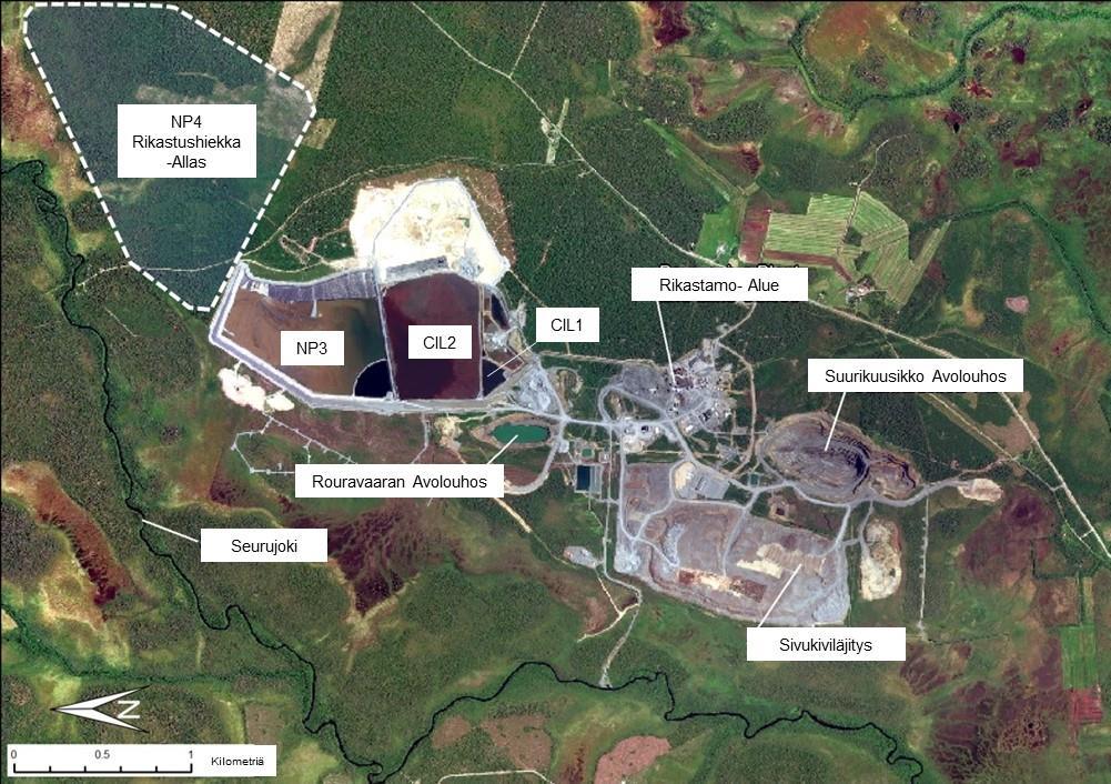 Kuva 1: Joulukuussa 2014 päivätty ilmakuva Kittilästä (lähde: GlobalMapper,) Malmi prosessoidaan paikanpäällä murskaamalla ja vaahdottamalla.