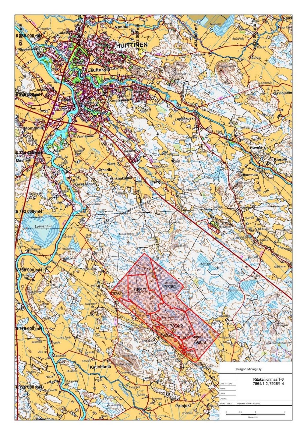 DRAGON MINING OY LOPPURAPORTTI Page 5 Alueella oli kuusi valtausta yhteispinta-alaltaan 5.77 km² ja ne sijaitsivat 95 eri maanomistajan alueella.