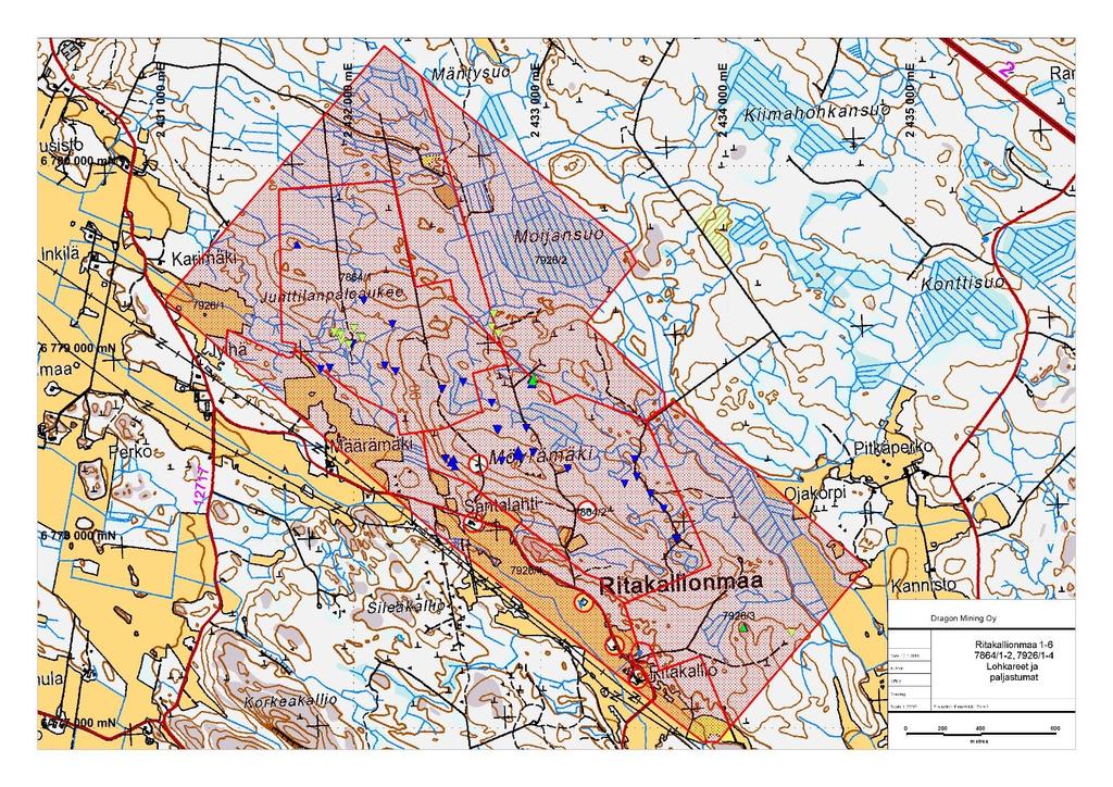 DRAGON MINING OY LOPPURAPORTTI Page 8 Kuva 2. Ritakallion valtausalueilta kerätyt lohkarenäytteet ( ) ja paljastumanäytteet ( ). GTK:n näytteet tumman sinisellä ja :n näytteet vaalean vihreällä.