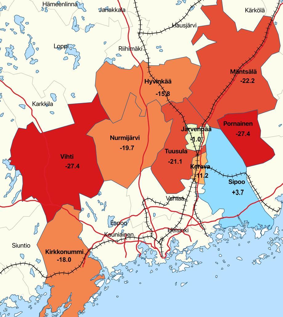 KUUMA-KUNTIEN ALLE 15- VUOTIAIDEN KEHITYS (%) 2018-2040 Oheisessa kartassa on kuvattu KUUMAkuntien alle