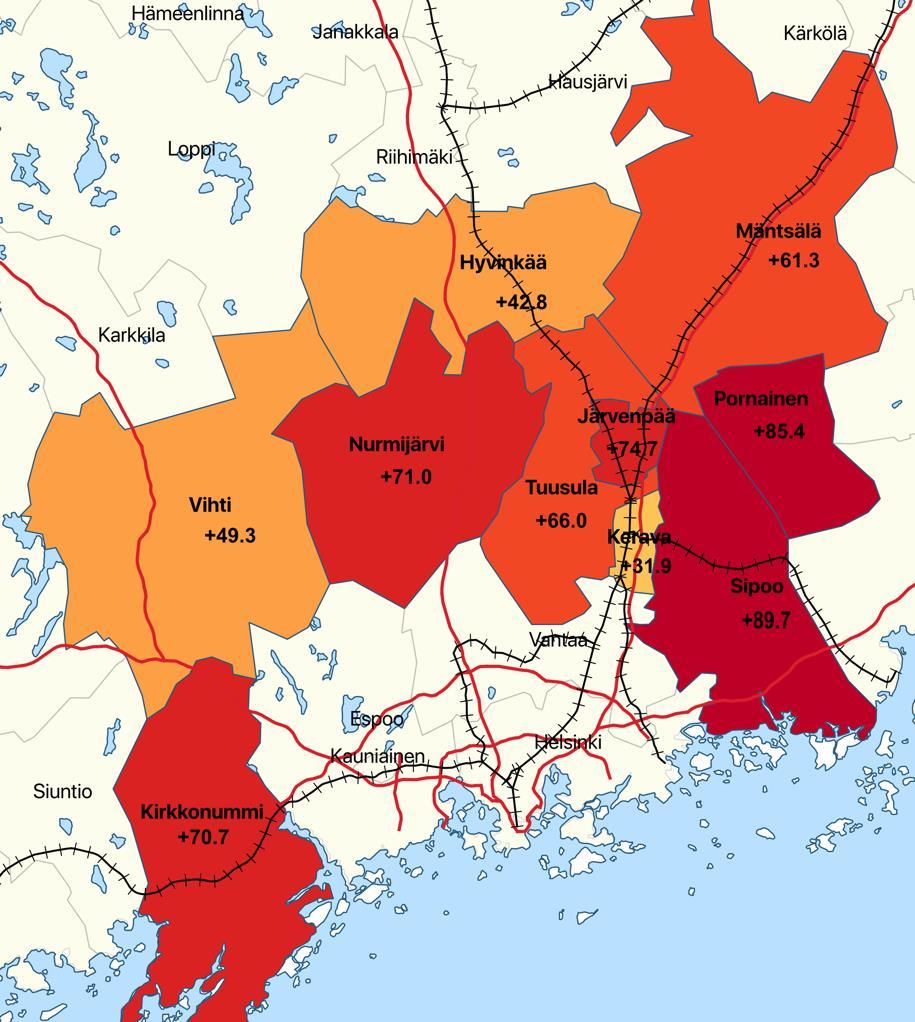 KUUMA-KUNTIEN ELÄKEIKÄISEN VÄESTÖN (YLI 64-VUOTIAAT) KEHITYS (%) 2018-2040 Oheisessa kartassa on kuvattu KUUMAkuntien yli 64-vuotiaiden