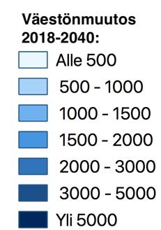 KUUMA-KUNTIEN MÄÄRÄLLINEN VÄESTÖNKEHITYS 2018-2040 Oheisessa kartassa on kuvattu KUUMA-kuntien absoluuttista väestönmuutosta kuntatasolla vuosina 2018-2040.