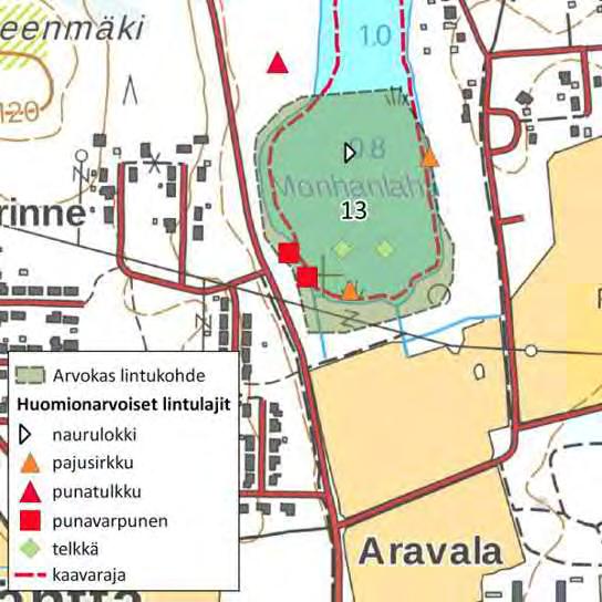 FCG SUUNNITTELU JA TEKNIIKKA OY Raportti 21 (25) Kuva 17. Pohjantikan ruokailujälkiä kuusen rungolla (vas.) ja todennäköisesti kanahaukan ruokailujätöksiä (oik.) Alarannan metsäalueella. 13.
